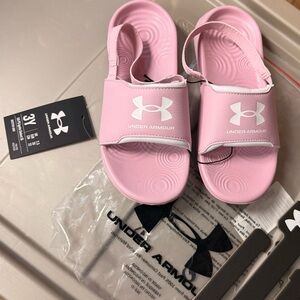 Under Armour girl size 3 Youth slides pink white logo sandals with strap $28 new